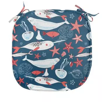 ABAKUHAUS Narwhal Подушка для обеденного стула, Школа рыб Нарвал, декоративная водонепроницаемая подушка с ремнями для кухонных сидений, 40 см x 40 см, королевский синий, нежно-голубой