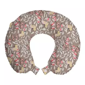 ABAKUHAUS Natural Art Travel Pillow Поддержка шеи, Сцена полета бабочек, Пенопластовые дорожные принадлежности для самолета и автомобиля, 30x30 см, Теплый серо-коричневый крем-румяна