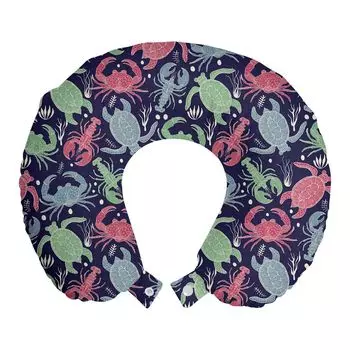 ABAKUHAUS Natural Art Travel Pillow Подушка для шеи, Разноцветные морские существа, Пенопластовые дорожные принадлежности для самолета и автомобиля, 30x30 см, Разноцветные