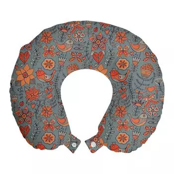 ABAKUHAUS Natural Дорожная подушка для шеи, Doodle Birds Flowers, Пенопластовые дорожные принадлежности для самолета и автомобиля, 30x30 см, Разноцветные