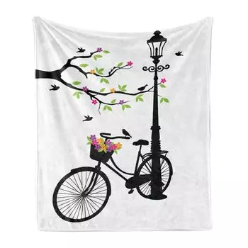 ABAKUHAUS Натуральное мягкое фланелевое флисовое одеяло, велосипедная корзина с птицами весеннего дерева и яркими цветами в тематике европейского города, 175 x 230 см, разноцветные