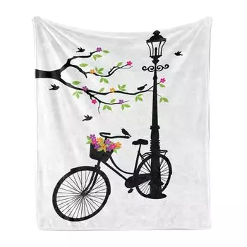 ABAKUHAUS Натуральное мягкое фланелевое флисовое одеяло, Spring Tree Bird Bike, уютный плюш для использования в помещении и на улице, 125 x 175 см, разноцветное