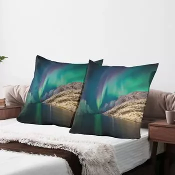 ABAKUHAUS Nature Чехлы для подушек, набор из 2 шт., Мистическое северное сияние над скалистыми холмами, магнитные полюса, панорама солнечного пространства, чехол для подушки с декоративным принтом, 80x80 см, нефритовый зеленый