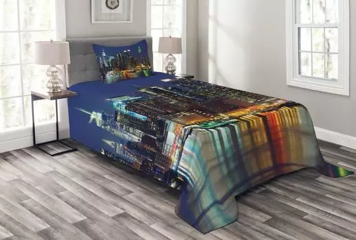 ABAKUHAUS New York Комплект покрывала, NYC Midtown Skyline, комплект с моющимися наволочками, для односпальных кроватей 170 x 220 см, королевский синий