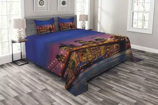 ABAKUHAUS New York Комплект покрывала, NYC с неоном, комплект со моющимися наволочками, для односпальных кроватей 220 х 220 см, сине-розовый