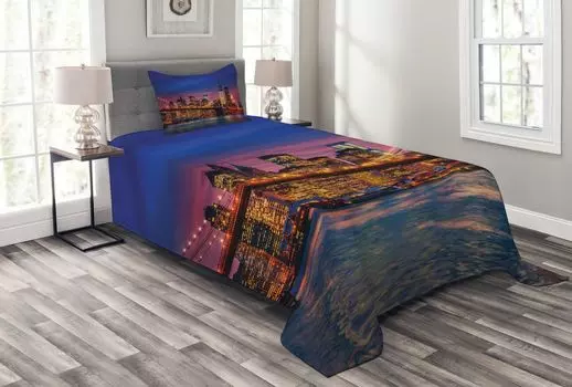 ABAKUHAUS New York Комплект покрывала, NYC с неоном, комплект со моющимися наволочками, для односпальных кроватей 170 х 220 см, сине-розовый