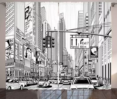 ABAKUHAUS New York Rustic Curtain, Downtown Manhattan, универсальные ленточные шторы для гостиной с петлями и крючками, 280 x 175 см, черные и белые, белый