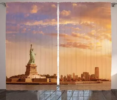 ABAKUHAUS New York Рустикальный занавес, Статуя Свободы США, Ленточный занавес с рюшами для спальни, петлями и крючками, 280 x 225 см, Желто-Белый, желтый