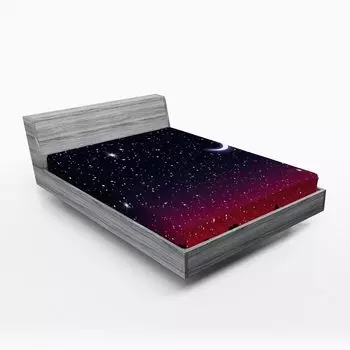 ABAKUHAUS Night Простыня на подкладке, Красное небо со звездным пейзажем, Астрономическая фантазия, 90 x 190 см, Пурпурный индиго, черный