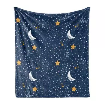 ABAKUHAUS Night Sky Мягкое фланелевое флисовое одеяло, Doodle Style Sky Moons Stars and Colorful Blobs, 175 x 230 см, Цвет Night Blue Marigold, синий