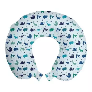 ABAKUHAUS Nursery Dino Подушка для путешествий, поддержка шеи, динозавр синих тонов, пенопластовый дорожный предмет для самолета и автомобиля, 30x30 см, нежно-голубой и разноцветный