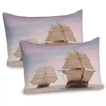 ABAKUHAUS Ocean Чехлы для подушек, набор из 2 шт., парусник Gaff Top Sail, высокие деревянные парусные корабли, волны, художественный принт, фото, чехол для подушки с декоративным принтом, 80 x 40 см, кремовый и серо-голубой