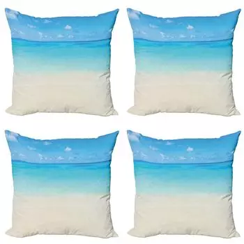 ABAKUHAUS Ocean Набор чехлов для подушек (4 предмета), Caribbean Sea Beach, современная двусторонняя цифровая печать, 60 см x 60 см, кремово-темно-синий
