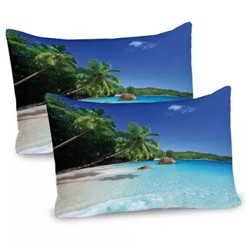 ABAKUHAUS Ocean, набор из 2 чехлов для подушек, Sunny Horizon, прозрачная вода, пляж на острове Прислин, чехол для подушки с декоративным принтом, 80 x 40 см, бирюзовый, зеленый, синий