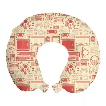 ABAKUHAUS Old School Travel Pillow Подушка для шеи, игровые предметы в стиле ретро, пенопластовые дорожные принадлежности для самолета и автомобиля, 30x30 см, темно-персиковый и кремовый