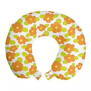 ABAKUHAUS Orange Travel Pillow Подушка для шеи, Doodle Floral для девочек, пенопластовые дорожные принадлежности для самолета и автомобиля, 30x30 см, Apple Green Orange