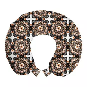 ABAKUHAUS Оранжевая подушка для путешествий Mandala, поддержка шеи, этнический цветочный узор, пенопластовые дорожные принадлежности для самолета и автомобиля, 30x30 см, белые и разноцветные