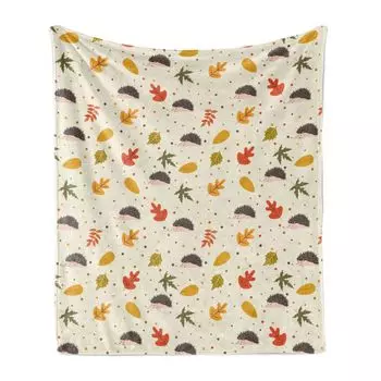 ABAKUHAUS Осеннее мягкое фланелевое флисовое одеяло, листья в горошек и ёжики, уютный плюш для использования в помещении и на улице, 125 x 175 см, яичная скорлупа и разноцветные цвета, мультиколор