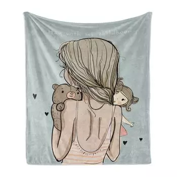 ABAKUHAUS Останься со мной Мягкое фланелевое флисовое одеяло, «Каллиграфия детства и спина молодой девушки», 175 x 230 см, Серо-голубой, Серая сепия, синий