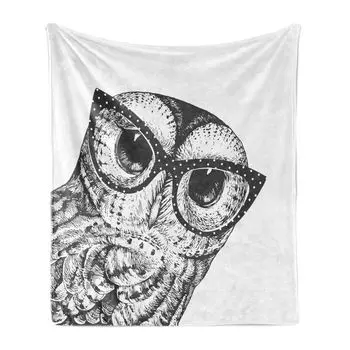 ABAKUHAUS Owl Lovers Мягкое фланелевое флисовое одеяло, птица в винтажных очках, уютный плюш для использования в помещении и на улице, 125 x 175 см, темно-серый и белый