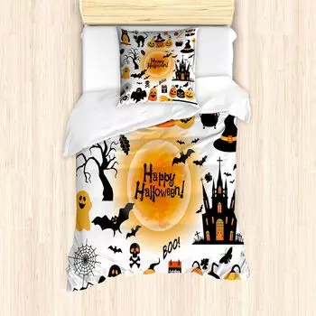 ABAKUHAUS Пальто для Хэллоуина, счастливое привидение, защита от клещей, подходит для аллергиков с наволочками, 135 см x 200 см - 80 x 80 см, оранжево-черный