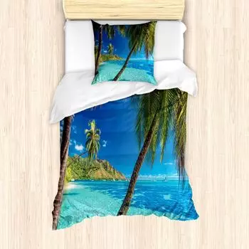 ABAKUHAUS Пальто Ocean, пальмы, море, пляж, защита от клещей, подходит для аллергиков с наволочками, 135 см x 200 см - 80 x 80 см, бирюзово-синий