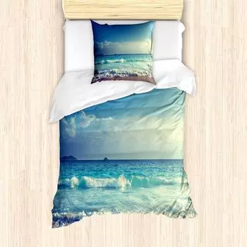 ABAKUHAUS Пальто Ocean, волны пляжного заката, защита от клещей, подходит для аллергиков с наволочками, 135 см x 200 см - 80 x 80 см, кремово-бирюзовый