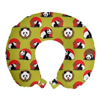 ABAKUHAUS Panda Дорожная подушка для шеи, массивные бамбуковые палочки с изображением животных, пенопластовые дорожные принадлежности для самолета и автомобиля, 30x30 см, желто-зеленый киноварь