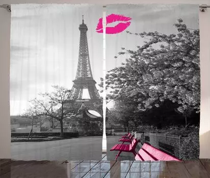 ABAKUHAUS Paris Деревенская штора, Романтический город и поцелуй, Универсальные ленточные шторы для гостиной с петлями и крючками, 280 x 245 см, Черный Белый Розовый