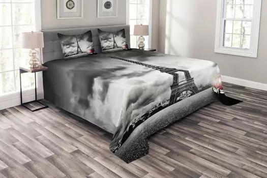 ABAKUHAUS Paris Комплект покрывала, Эйфелева башня, облачный день, комплект с моющимися наволочками, для односпальных кроватей 264 x 220 см, серо-красный
