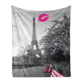 ABAKUHAUS Paris Мягкое фланелевое флисовое одеяло, романтическая простая фотография Эйфелевой башни с розовыми скамейками и знаком поцелуя, 175 x 230 см, черный, белый, розовый