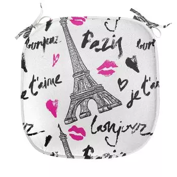 ABAKUHAUS Paris Подушка для стула для столовой Розовый Kiss Eiffel Love Декоративная водонепроницаемая подушка с ремнями для кухонных сидений 40 см x 40 см Черный Белый Розовый