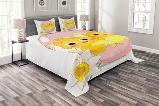 ABAKUHAUS Пасхальное покрывало, Daffodil Chicks Cracked Egg, комплект с моющимися наволочками, для односпальных кроватей 220 x 220 см, розовый и желтый