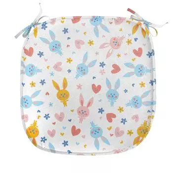 ABAKUHAUS Пастельная подушка для обеденного стула Baby Bunny Flowers Декоративная водонепроницаемая подушка с ремнями для кухонных сидений 40 см x 40 см Голубой Календула Коралловый