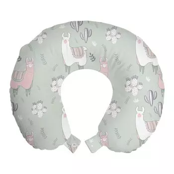 ABAKUHAUS Pastel Travel Pillow Подушка для шеи, Лама в мультяшном стиле, Пенопластовые дорожные принадлежности для самолета и автомобиля, 30х30 см, Бледно-шалфейный зеленый румянец