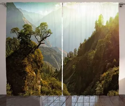 ABAKUHAUS Пейзаж в деревенском стиле, Nepal Forest Majestic, универсальные ленточные шторы для гостиной с петлями и крючками, 280 x 245 см, зеленый бледно-желтый