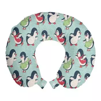 ABAKUHAUS Penguin Travel Pillow Поддержка шеи, арктические животные для катания на коньках, пенопластовые дорожные принадлежности для самолета и автомобиля, 30x30 см, бледно-морская пена, многоцветная