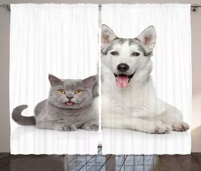 ABAKUHAUS Pet Rustic Curtain, Аляскинский маламут, универсальные ленточные шторы для гостиной с петлями и крючками, 280 x 225 см, белый и серый