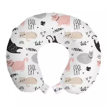 ABAKUHAUS Pets Travel Pillow Подушка для шеи, Cool Cat Meow Animals Doodle, Пенопластовые дорожные принадлежности для самолета и автомобиля, 30x30 см, Бежево-бледно-розовый