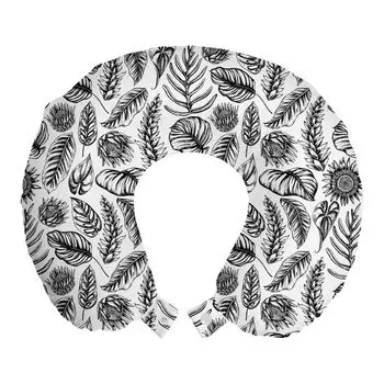 ABAKUHAUS Philodendron Дорожная подушка для шеи, винтажные листья растений, пенопластовые дорожные принадлежности для самолета и автомобиля, 30x30 см, угольно-серый и белый