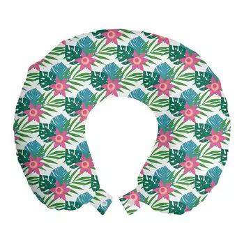ABAKUHAUS Philodendron Travel Подушка для шеи, Happy Tropic Plants, Пенопластовые дорожные принадлежности для самолета и автомобиля, 30x30 см, Лесно-зеленый Розовый