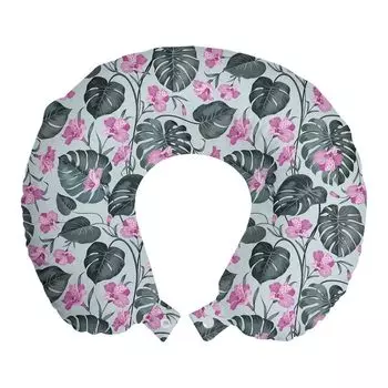 ABAKUHAUS Philodendron Travel Подушка для шеи, Hibiscus Leaves Art, Пенопластовые дорожные принадлежности для самолета и автомобиля, 30x30 см, Бледная фуксия и серый
