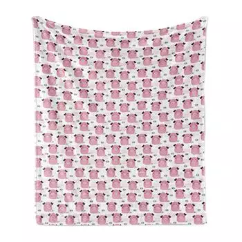 ABAKUHAUS Piglet Мягкое фланелевое флисовое одеяло, повторяющиеся свиньи в горошек и линии, 175 x 230 см, серо-розовый, белый