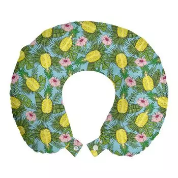 ABAKUHAUS Pineapple Travel Pillow Подушка для шеи, Гавайский натуральный гибискус, пенопластовые дорожные принадлежности для самолета и автомобиля, 30x30 см, разноцветные