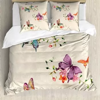 ABAKUHAUS Пододеяльник Butterfly для двуспальной кровати, букет натуральных цветов, защита от клещей, подходит для аллергиков, с наволочками, цвет шампанского разноцветный