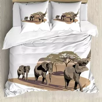 ABAKUHAUS Пододеяльник Elephant, слоны на Саванне, защита от клещей, подходит для аллергиков с наволочками, 200 см x 200 см - 80 x 80 см, бело-коричневый