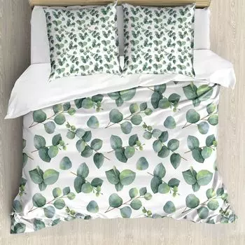 ABAKUHAUS Пододеяльник Leaf, акварельный эвкалипт, защита от клещей, подходит для аллергиков с наволочками, 200 см x 200 см - 80 x 80 см, зеленый светло-коричневый белый