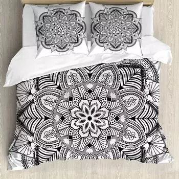 ABAKUHAUS Пододеяльник Mandala, черно-белое искусство мандалы, защита от клещей, подходит для аллергиков с наволочками, 200 см x 200 см - 80 x 80 см, черный и белый