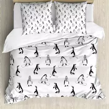 ABAKUHAUS Пододеяльник Penguin, лыжные пингвины в панцире, защита от клещей, подходит для аллергиков с наволочками, 155 см x 220 см - 80 x 80 см, белый черный