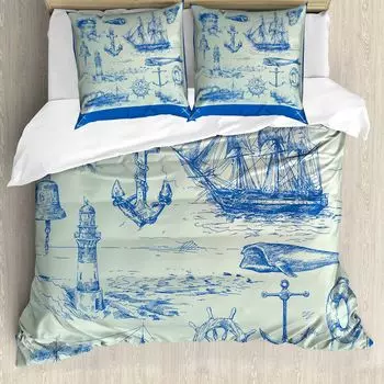 ABAKUHAUS Пододеяльник с морским якорем, эскиз китового колеса, защита от клещей, подходит для аллергиков с наволочками, 200 см x 200 см - 80 x 80 см, синий, яичная скорлупа
